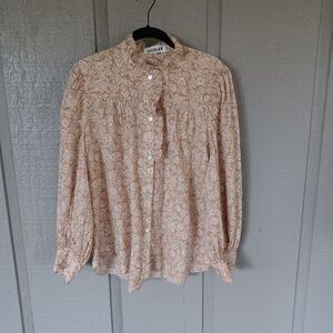 Secular Rene Floral Shirt Size L Women Cottage Boho Ruffle High Neck Button
